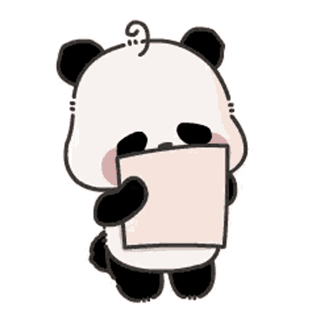 a panda bear is holding a piece of paper with a red heart on it .