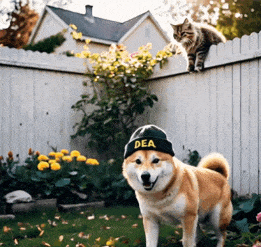 a dog wearing a dea hat stands in front of a cat on a fence