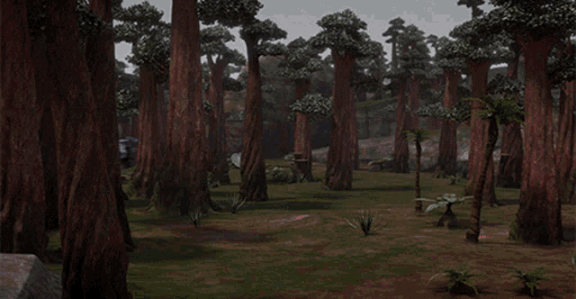 a red robot is moving through a forest with trees in the background