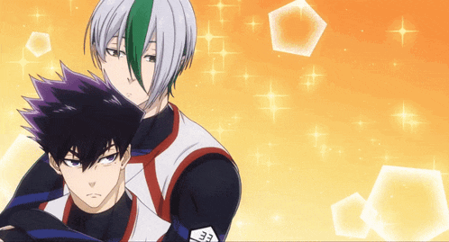 a couple of anime characters standing next to each other with the number 32 on their chest