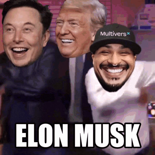elon musk is surrounded by donald trump and a man wearing a hat
