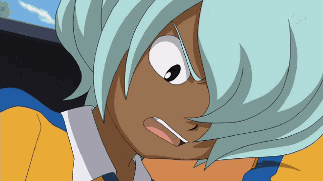 a close up of a cartoon character with a yellow and blue shirt