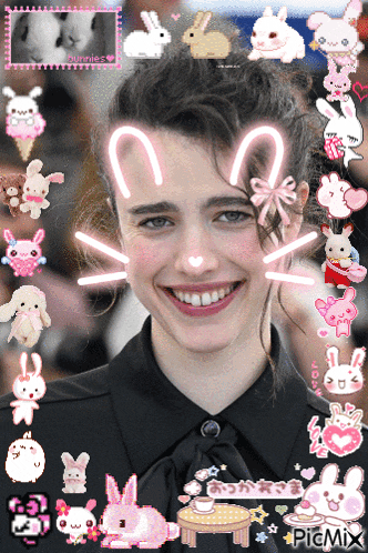 a picture of a woman with bunny ears on her face is surrounded by bunny stickers