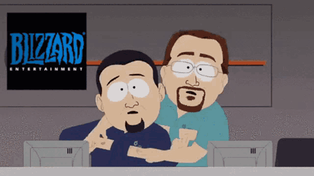 two cartoon characters are standing in front of a sign that says bizzard entertainment