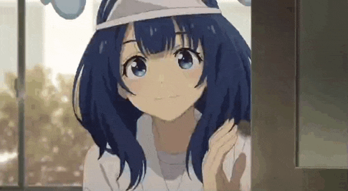 a girl with blue hair and a bandana on her head is standing in front of a window .