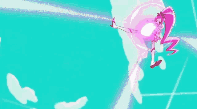 a cartoon character is flying through the air with a purple light coming out of her feet .