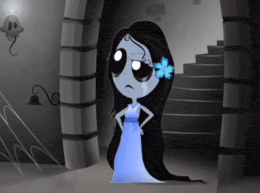 a cartoon girl with a flower in her hair is standing in front of stairs