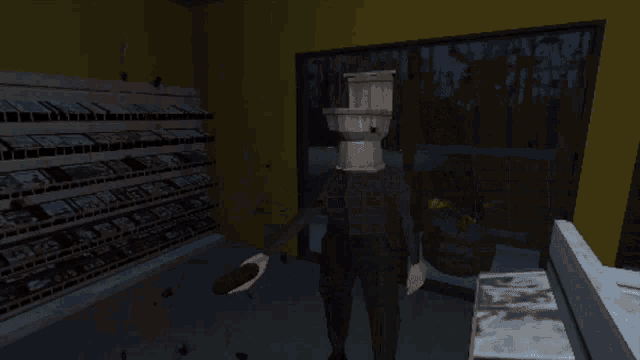 a man with a wooden bucket on his head is standing in a store