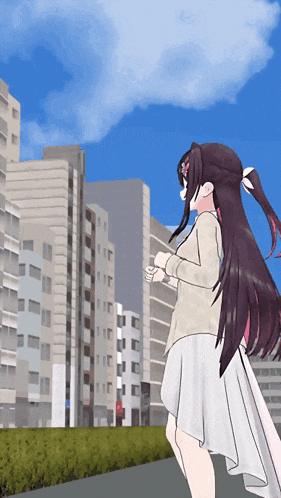 a girl in a white dress is running in front of a city skyline