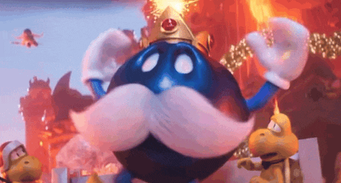 a blue cartoon character with a crown and a mustache