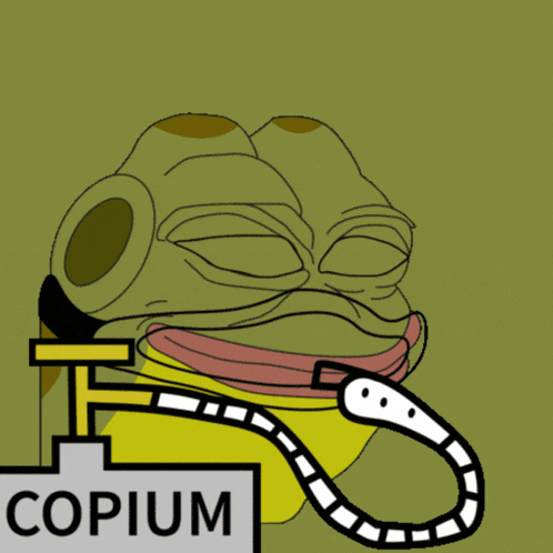 a cartoon frog is holding a leash with the word copium written below it