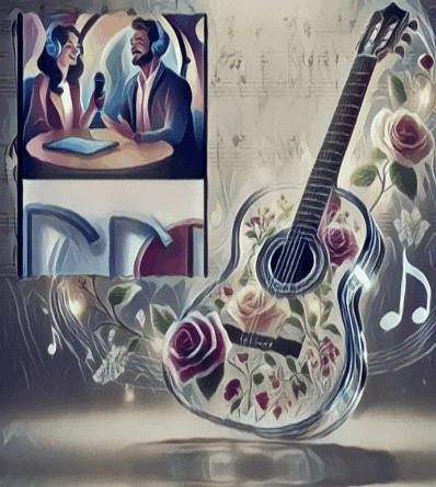 a painting of a man and woman sitting at a table and a guitar with flowers on it