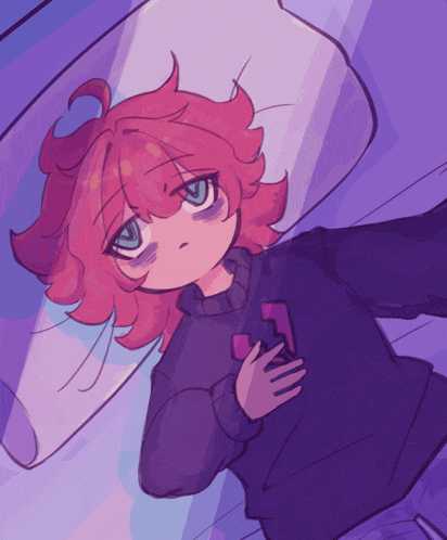 a drawing of a girl with pink hair and a purple sweater with the letter s on it