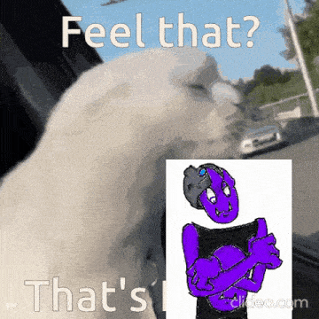 a cartoon of a purple monster with the words feel that that 's that 's on the bottom