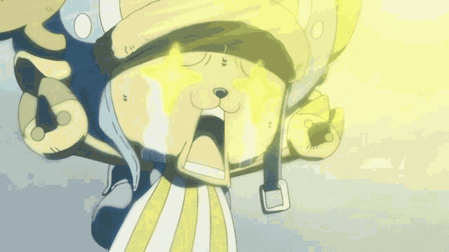 a cartoon character with a striped shirt and a blue hat is crying