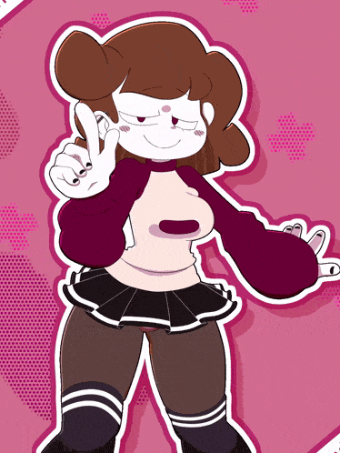a cartoon character giving a peace sign with a pink background