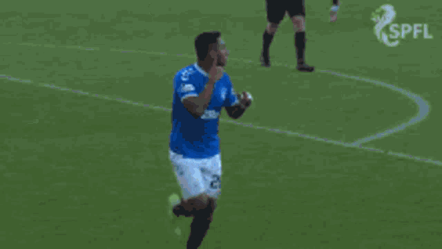 a soccer player in a blue jersey is running on the field