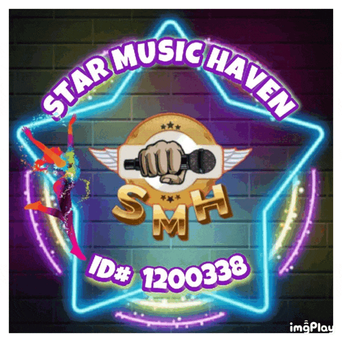 a neon sign for star music haven with a hand holding a microphone