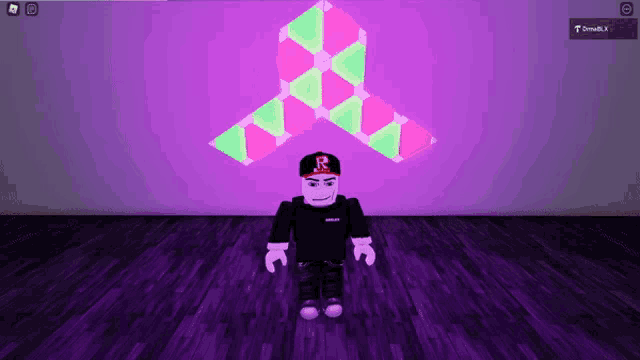 a roblox character is standing in front of a purple background