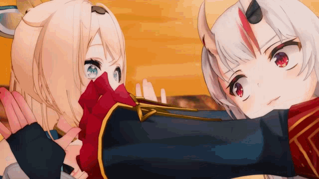 a couple of anime characters standing next to each other with one having horns