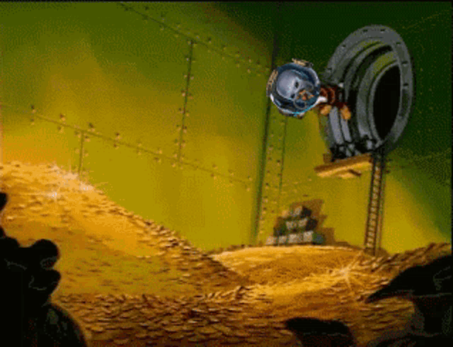 a cartoon scene with a bunch of gold