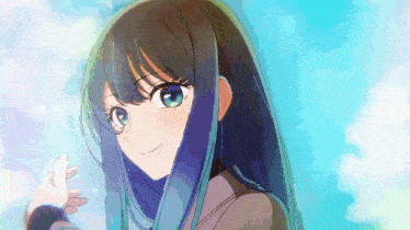 a close up of a girl with blue hair
