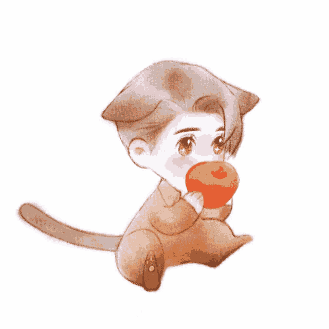 a cartoon drawing of a cat holding an apple