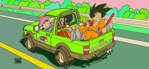 a cartoon drawing of a green truck with the word capsule on it
