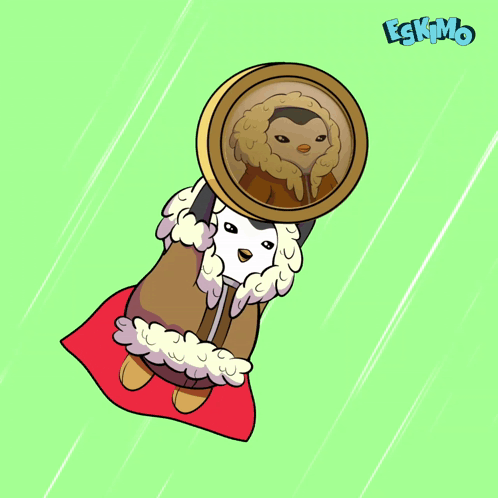 a cartoon of a penguin holding a coin that says eskimo on it