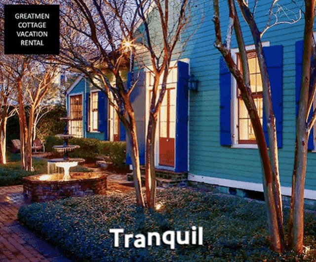 an advertisement for tranquil cottage vacation rental with a blue house