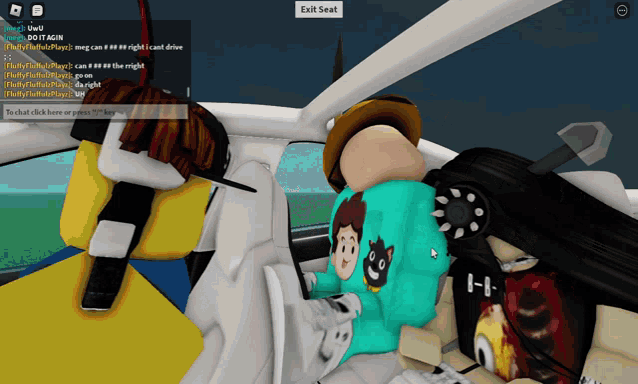 a person in a blue shirt is sitting in the back seat of a car with a chat window open