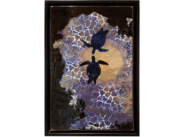 a painting of two sea turtles swimming in the water