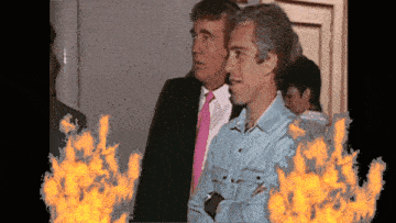 two men are standing next to each other with a fire behind them