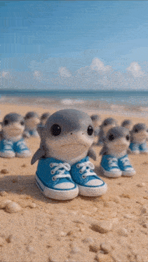 a group of sharks wearing blue shoes on a beach