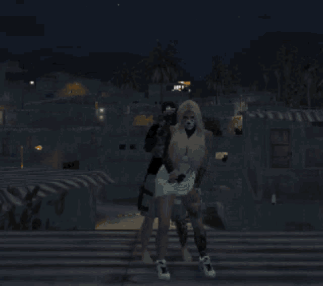 a man and a woman are standing on a roof at night in a video game