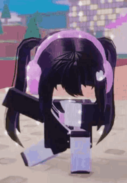 a girl wearing headphones and a ponytail is kneeling down on the ground .
