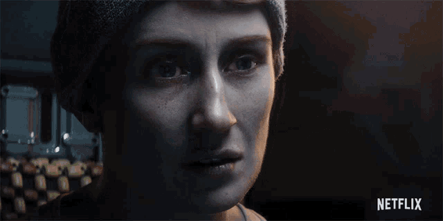 a close up of a woman 's face with a netflix logo in the background
