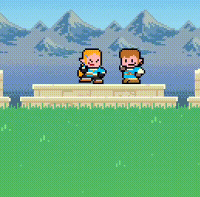 a pixel art of two people standing next to each other on a ledge .