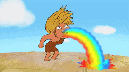a cartoon of a woman vomiting a rainbow of colors