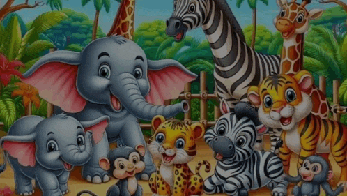 a cartoon illustration of animals with the words let 's in white letters