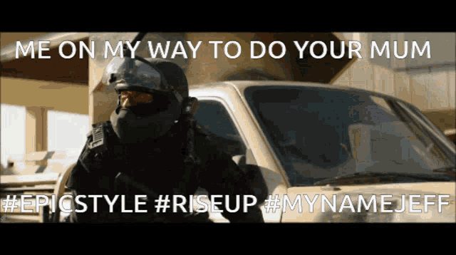 a man wearing a helmet and goggles stands in front of a white truck with the words me on my way to do your mum