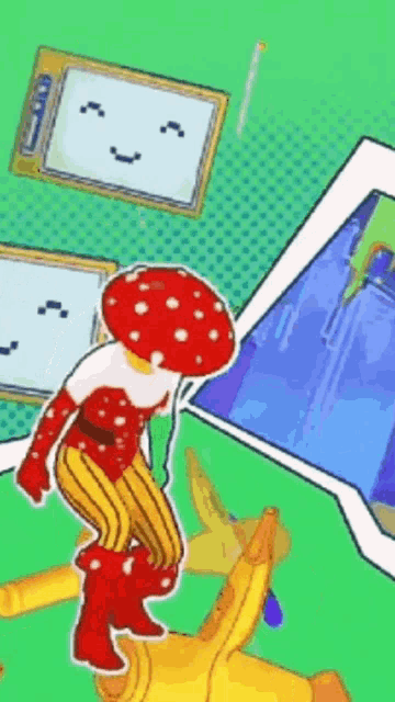 a person in a mushroom costume is standing in front of a television