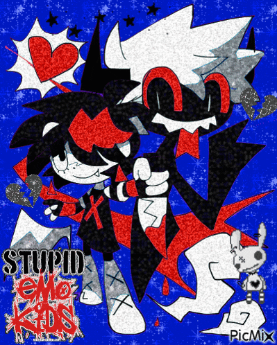 a couple of cartoon characters standing next to each other with the words stupid emo kids on a blue background