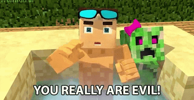 a naked minecraft character is standing next to a creeper in a pool .