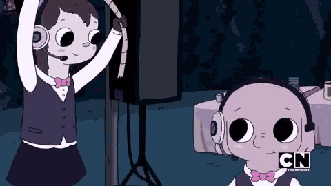 two cartoon characters wearing headphones with the cn logo on the bottom