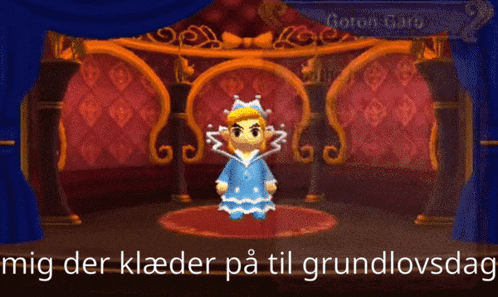 a cartoon character is standing in front of a throne with the words mig der kjoler pa til grundlovsdag written below him