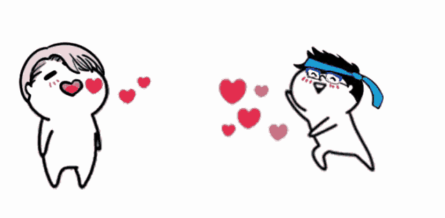 two cartoon characters are standing next to each other with hearts around them .