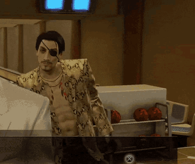 a man in a gucci shirt is standing in a room with bowling balls