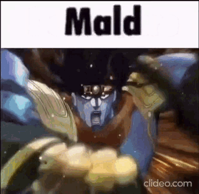a close up of a cartoon character with the words `` mald '' written on it .