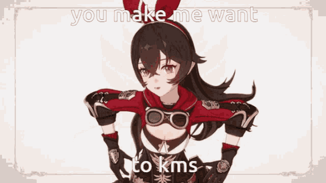 amber from genshin impact is standing with her hands on her hips and says you make me want to kms